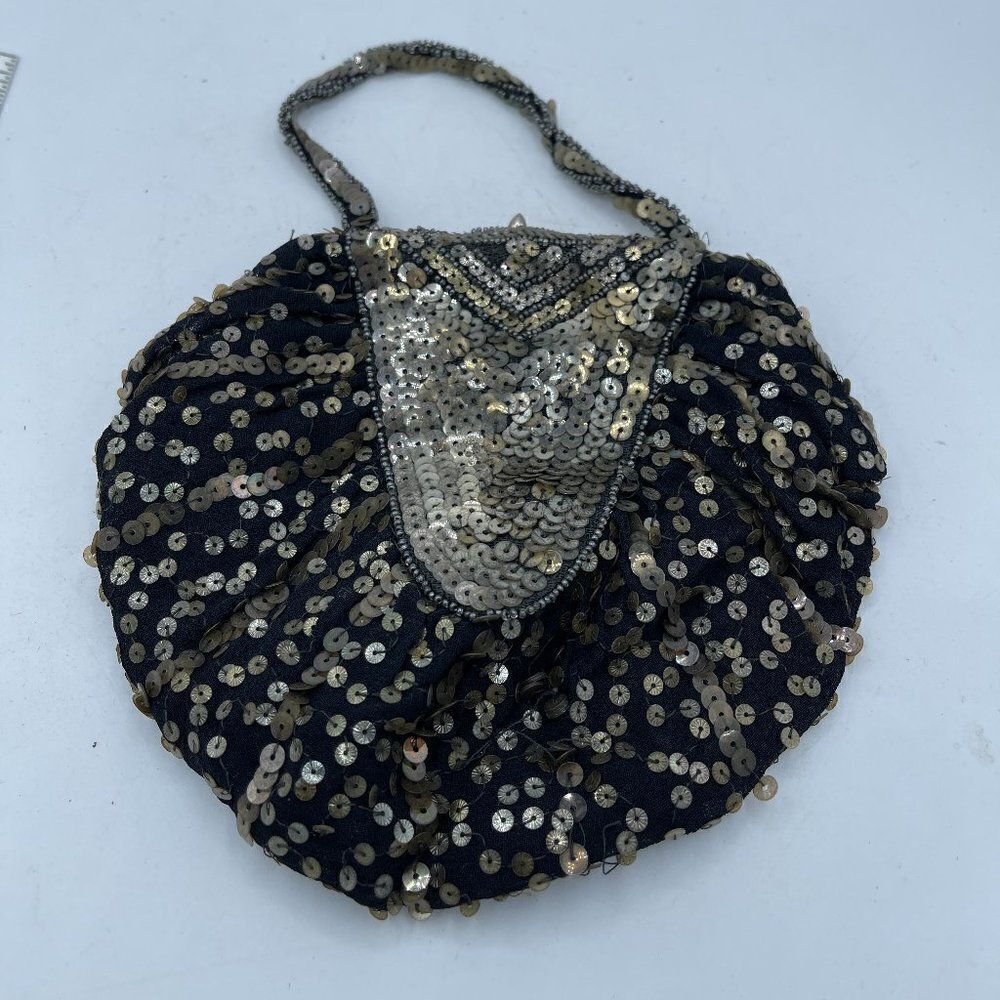 Vintage Black Gold Small Sequined 70's clasp purse